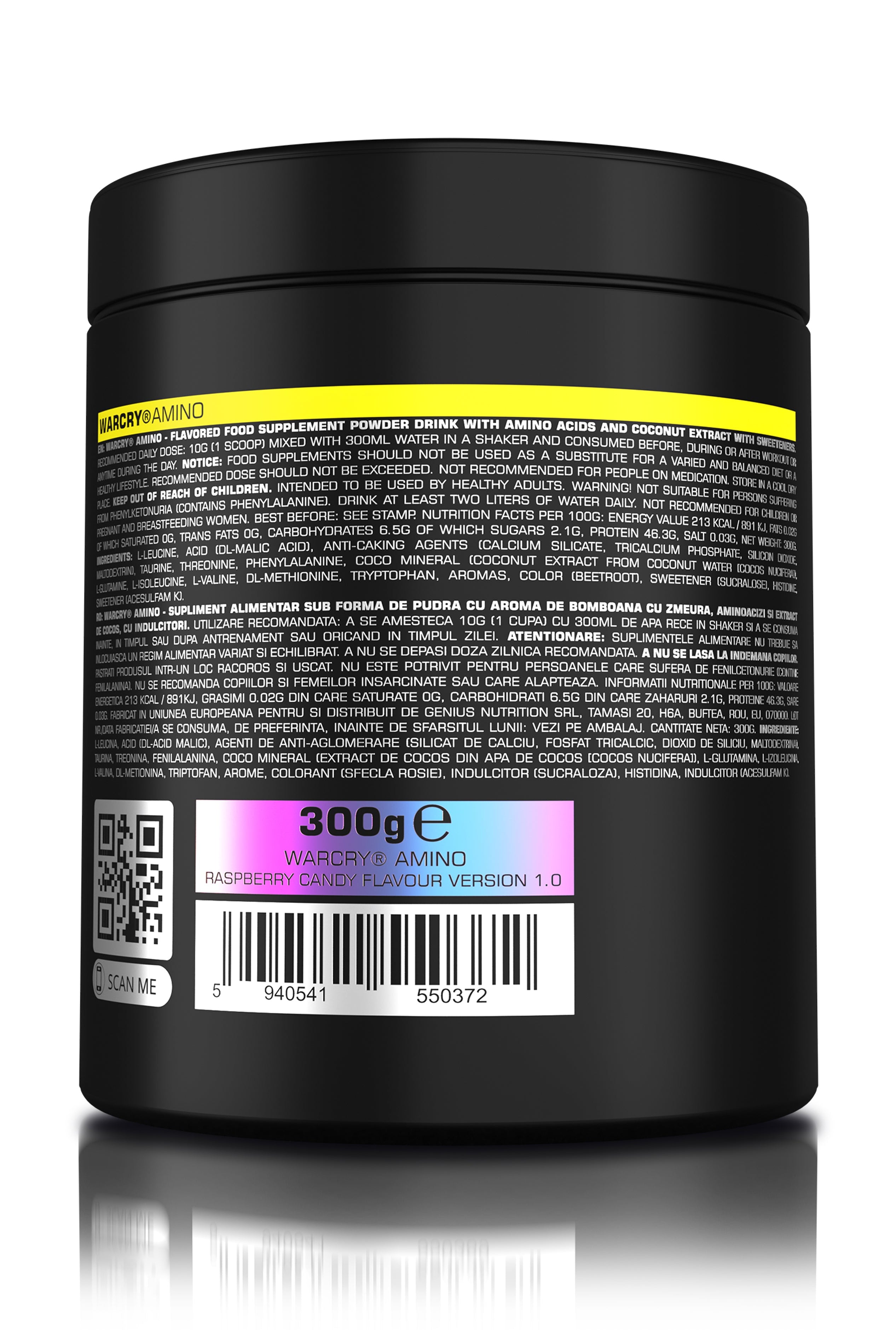 WARCRY AMINO 300g 30serv - Supplement with essential amino acids, coconut water and taurine designed for muscle recovery and optimal rehydration with raspberry candy flavor