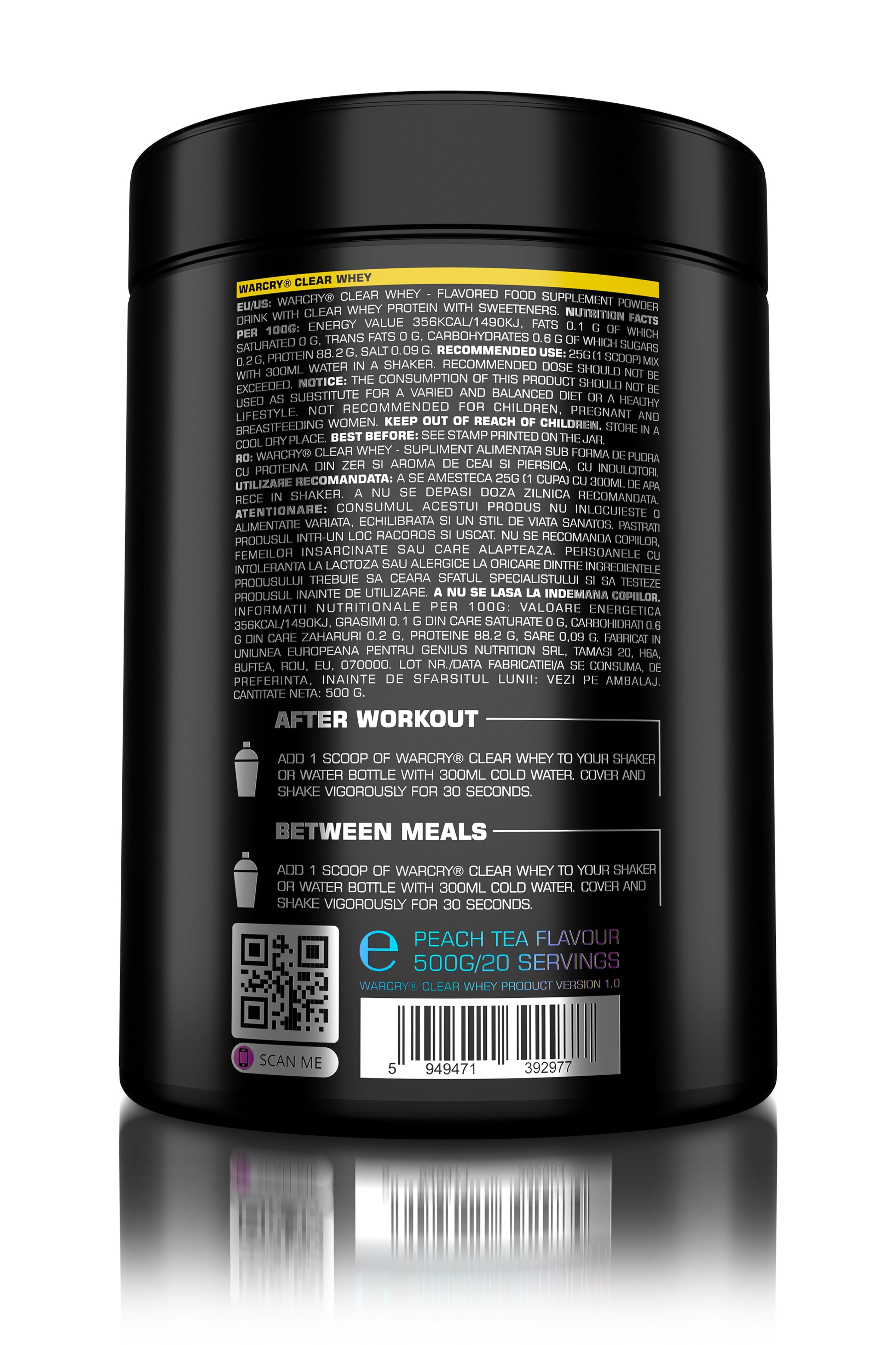 WARCRY CLEAR WHEY 500g 20serv - Clear whey protein supplement with no added sugar or fats, low lactose content and a refreshing flavor of iced tea peach
