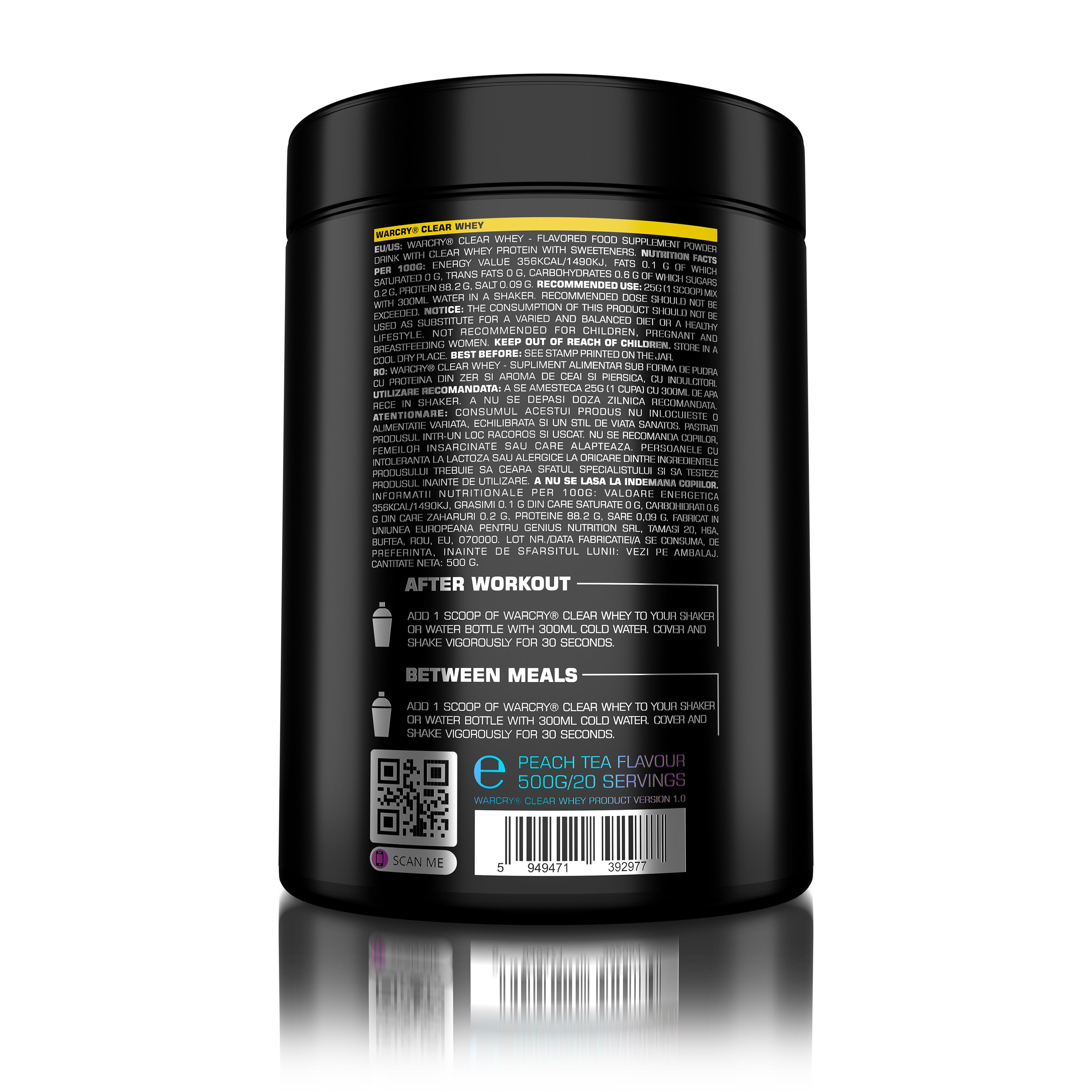 WARCRY CLEAR WHEY 500g 20serv - Clear whey protein supplement with no added sugar or fats, low lactose content and a refreshing flavor of iced tea peach
