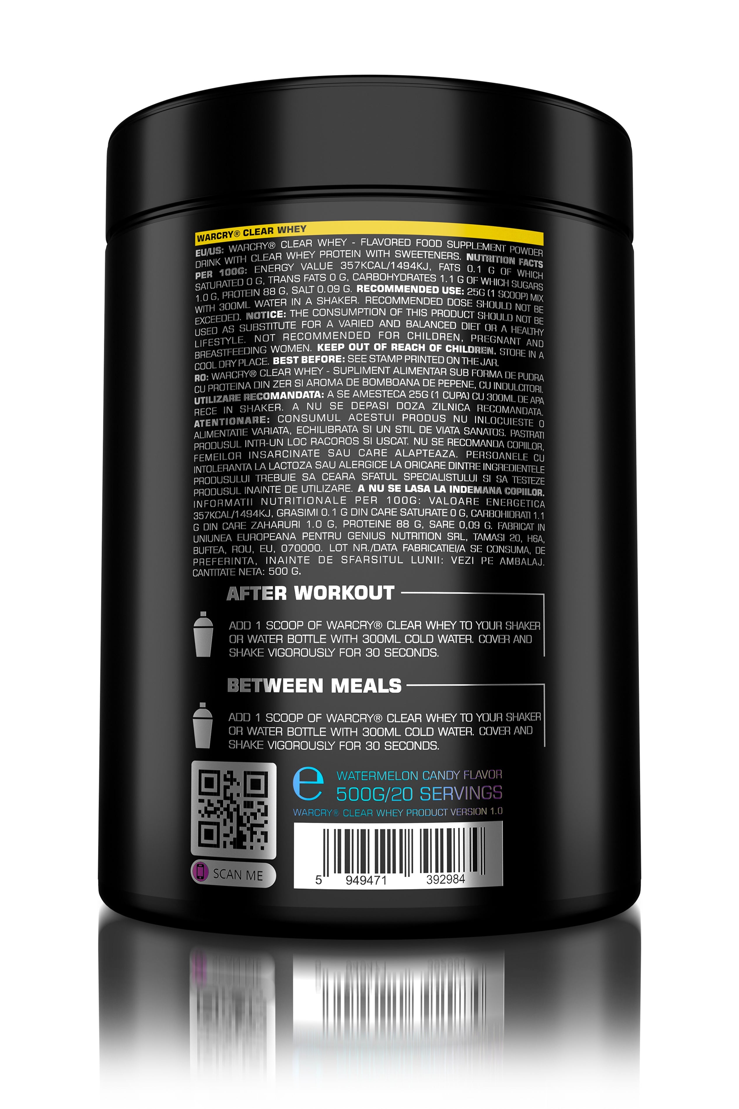WARCRY CLEAR WHEY 500g 20serv - Clear whey protein supplement with no added sugar or fats, low lactose content and a refreshing flavor of watermelon candy