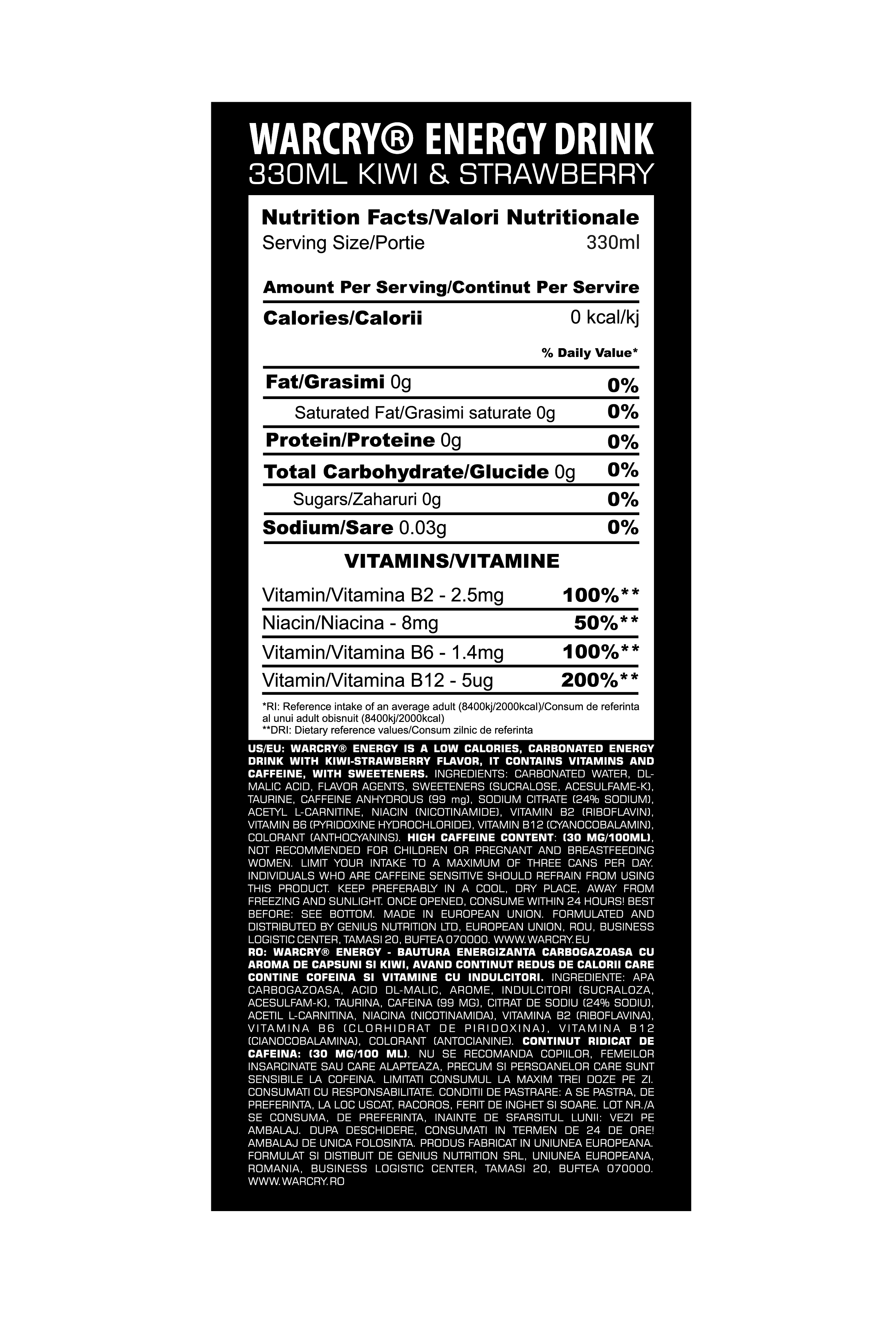 WARCRY ENERGY 330ml 1serv - Ready to drink pre-workout supplement with 0 calories ideal for enhancing energy and focus with kiwi & strawberry flavor