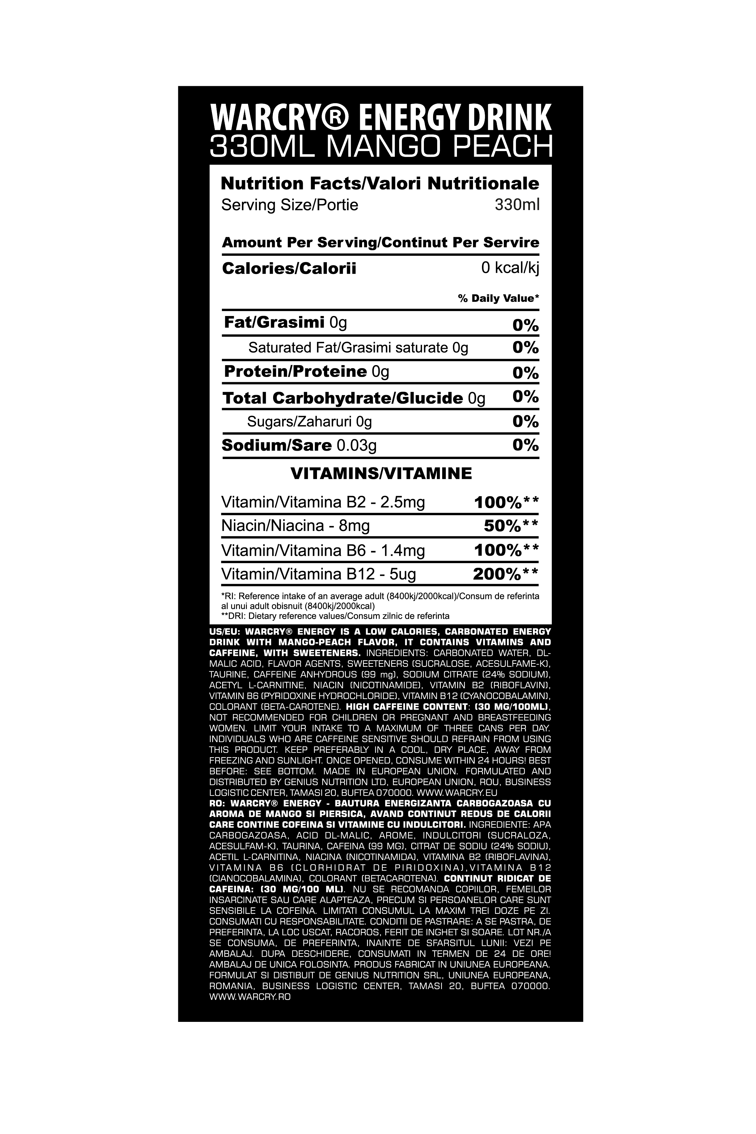 WARCRY ENERGY 330ml 1serv - Ready to drink pre-workout supplement with 0 calories ideal for enhancing energy and focus with mango peach flavor