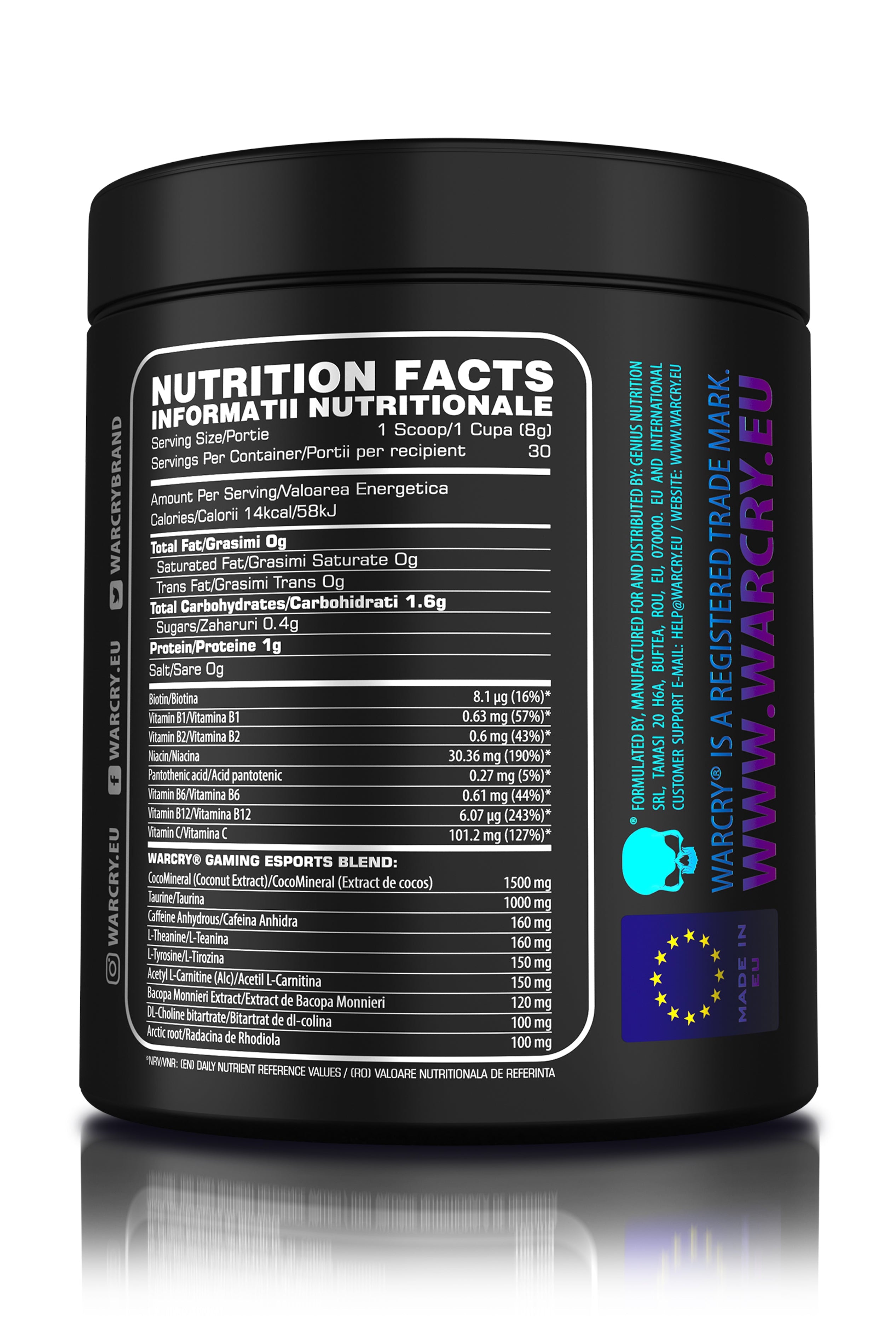 WARCRY GAMING 240g 30serv - Supplement for intense gaming sessions which stimulates cognitive function, provides energy, improves memory, reduces stress, and promotes efficient rehydration with cyber grapes flavor