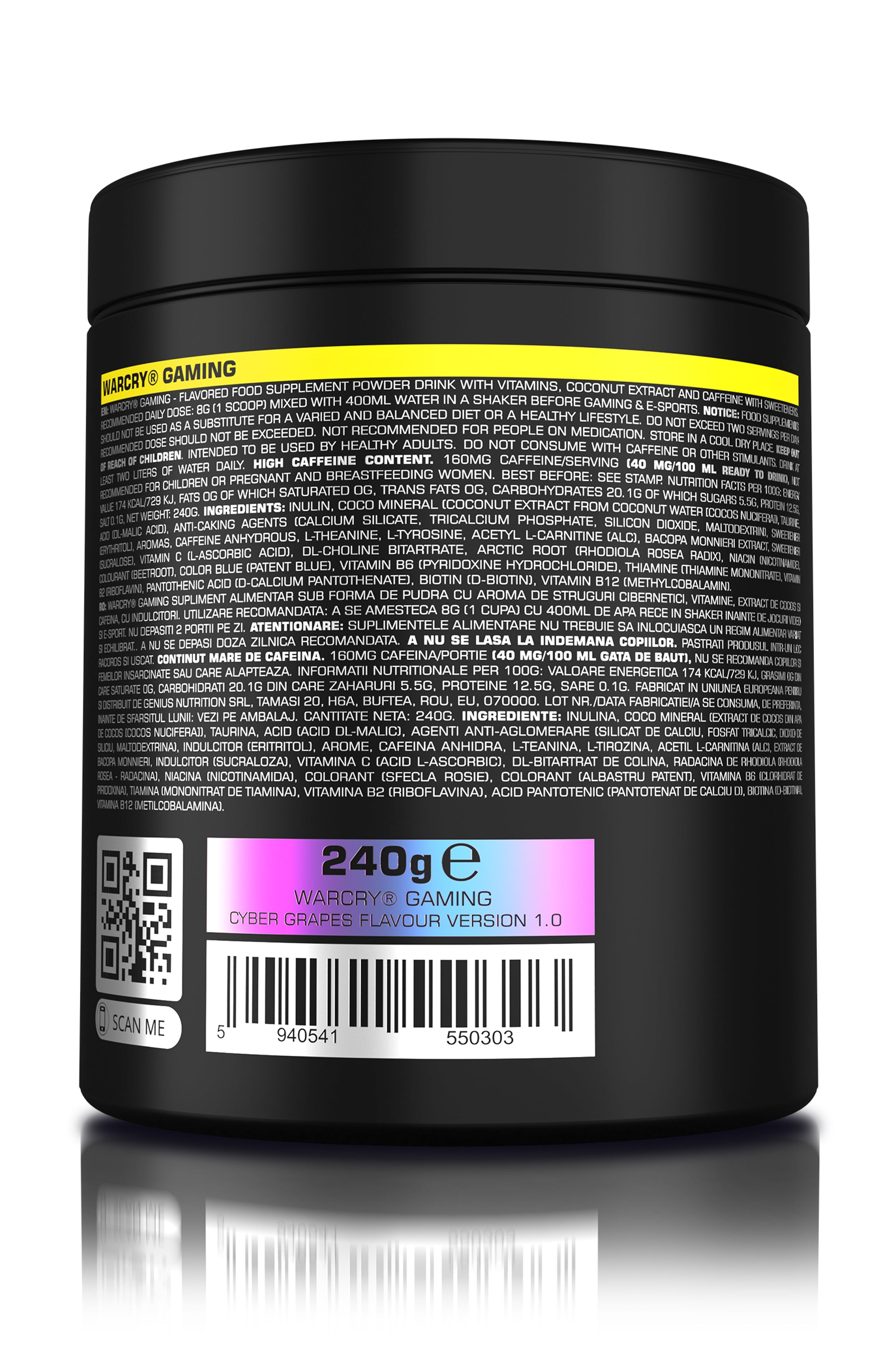 WARCRY GAMING 240g 30serv - Supplement for intense gaming sessions which stimulates cognitive function, provides energy, improves memory, reduces stress, and promotes efficient rehydration with cyber grapes flavor