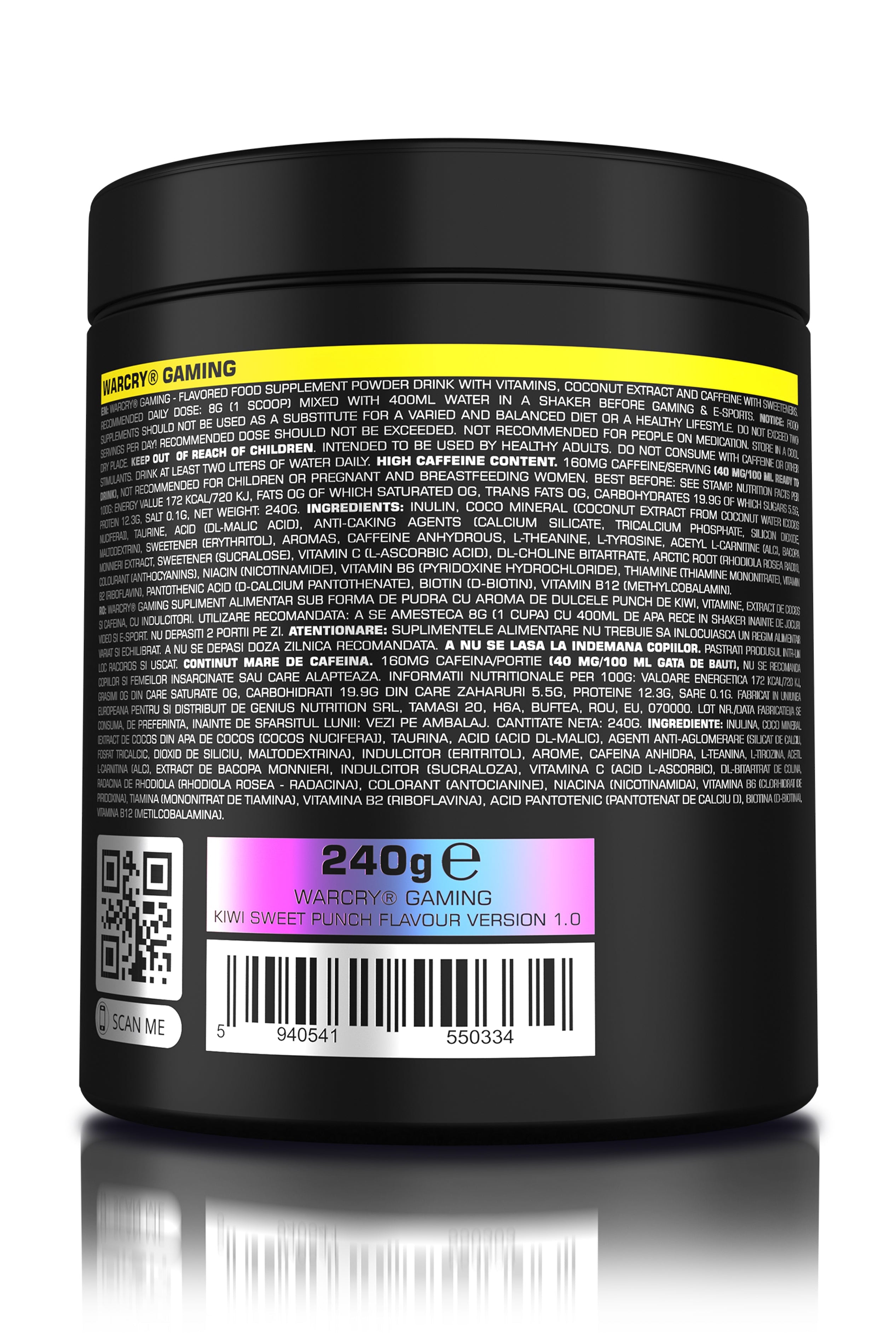 WARCRY GAMING 240g 30serv - Supplement for intense gaming sessions which stimulates cognitive function, provides energy, improves memory, reduces stress, and promotes efficient rehydration with kiwi sweet punch flavor