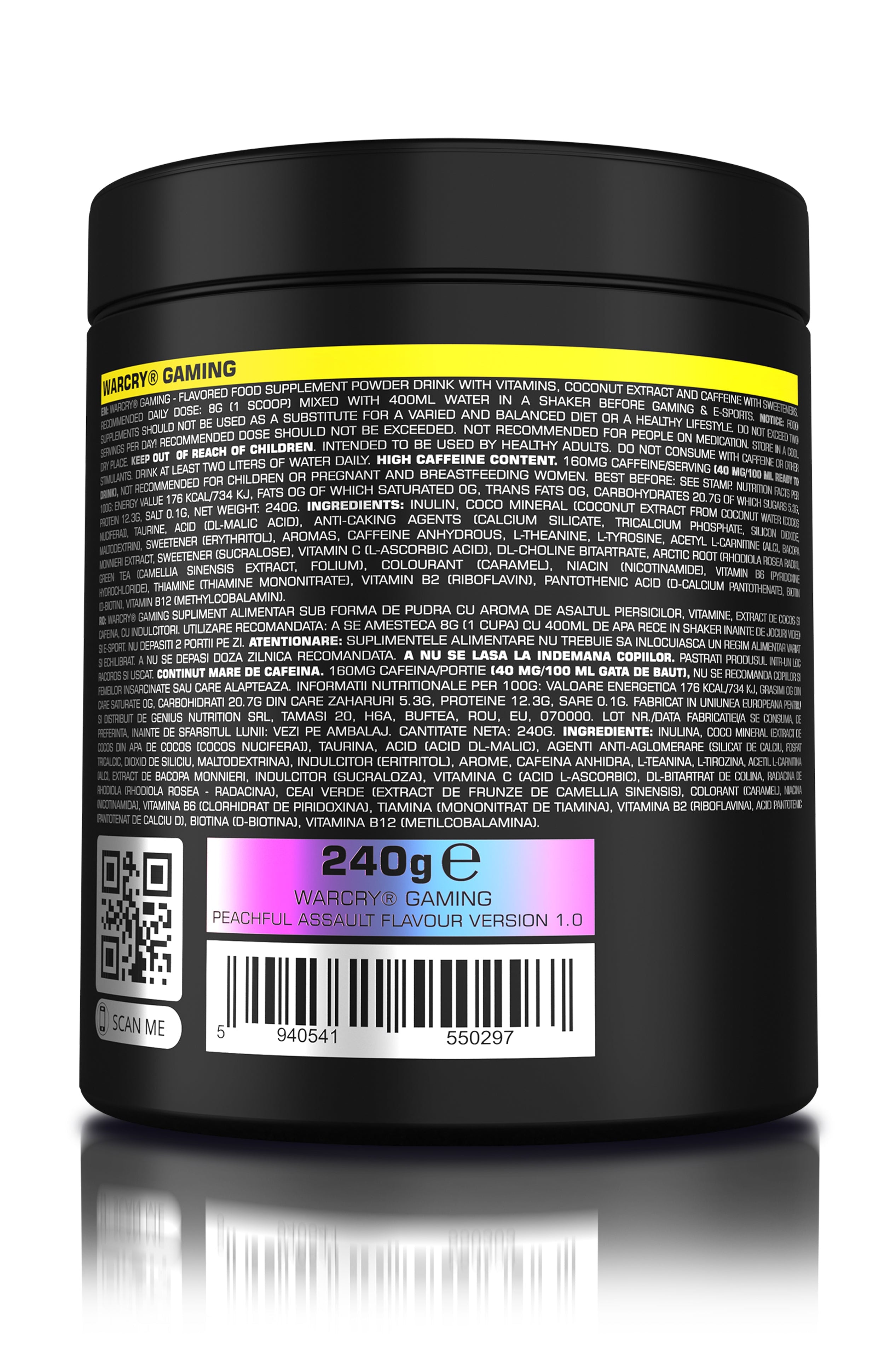 WARCRY GAMING 240g 30serv - Supplement for intense gaming sessions which stimulates cognitive function, provides energy, improves memory, reduces stress, and promotes efficient rehydration with peachful assault flavor