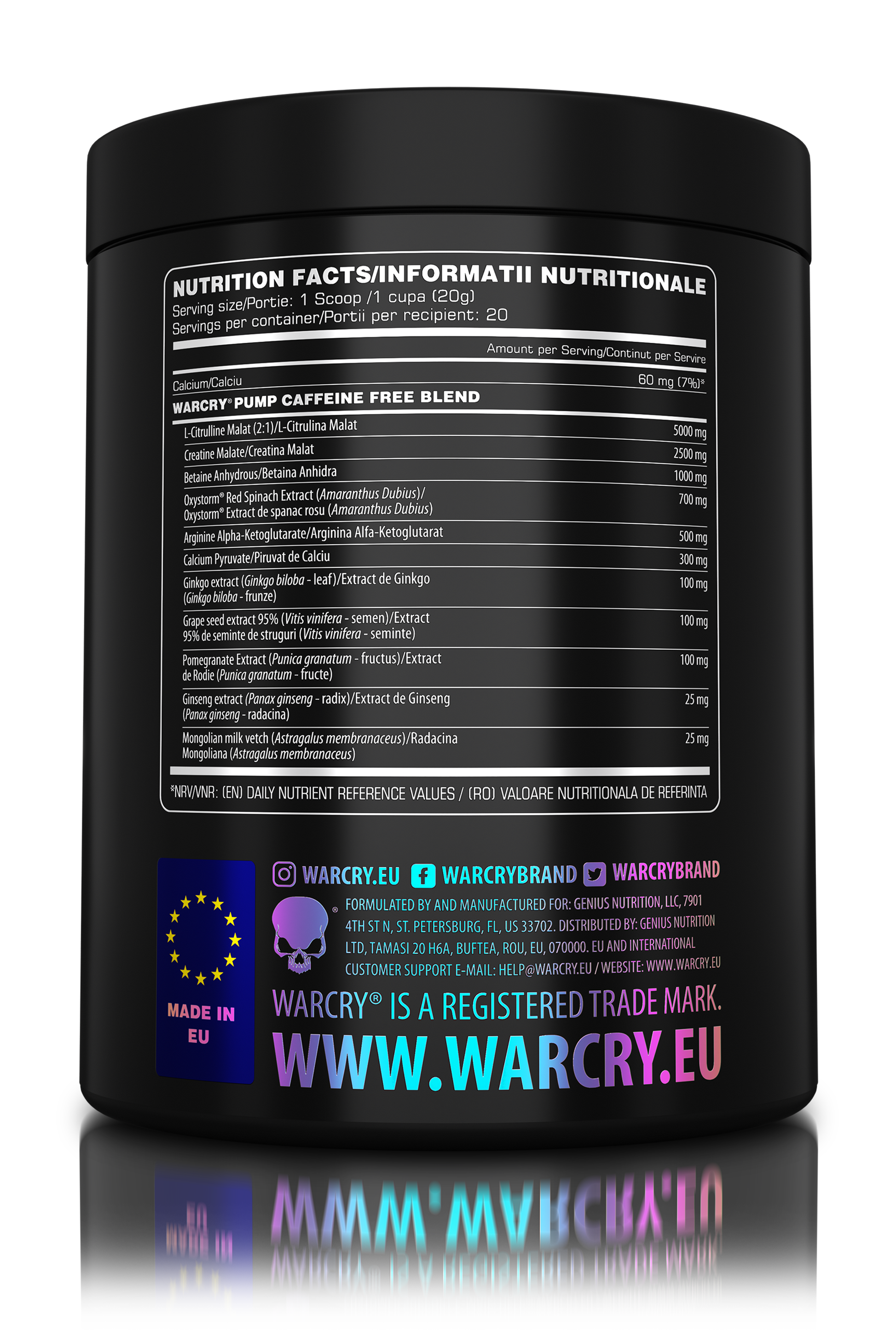 WARCRY PUMP 400g 20serv - Caffeine-free pre-workout supplement for muscle pump and endurance perfect for late workouts