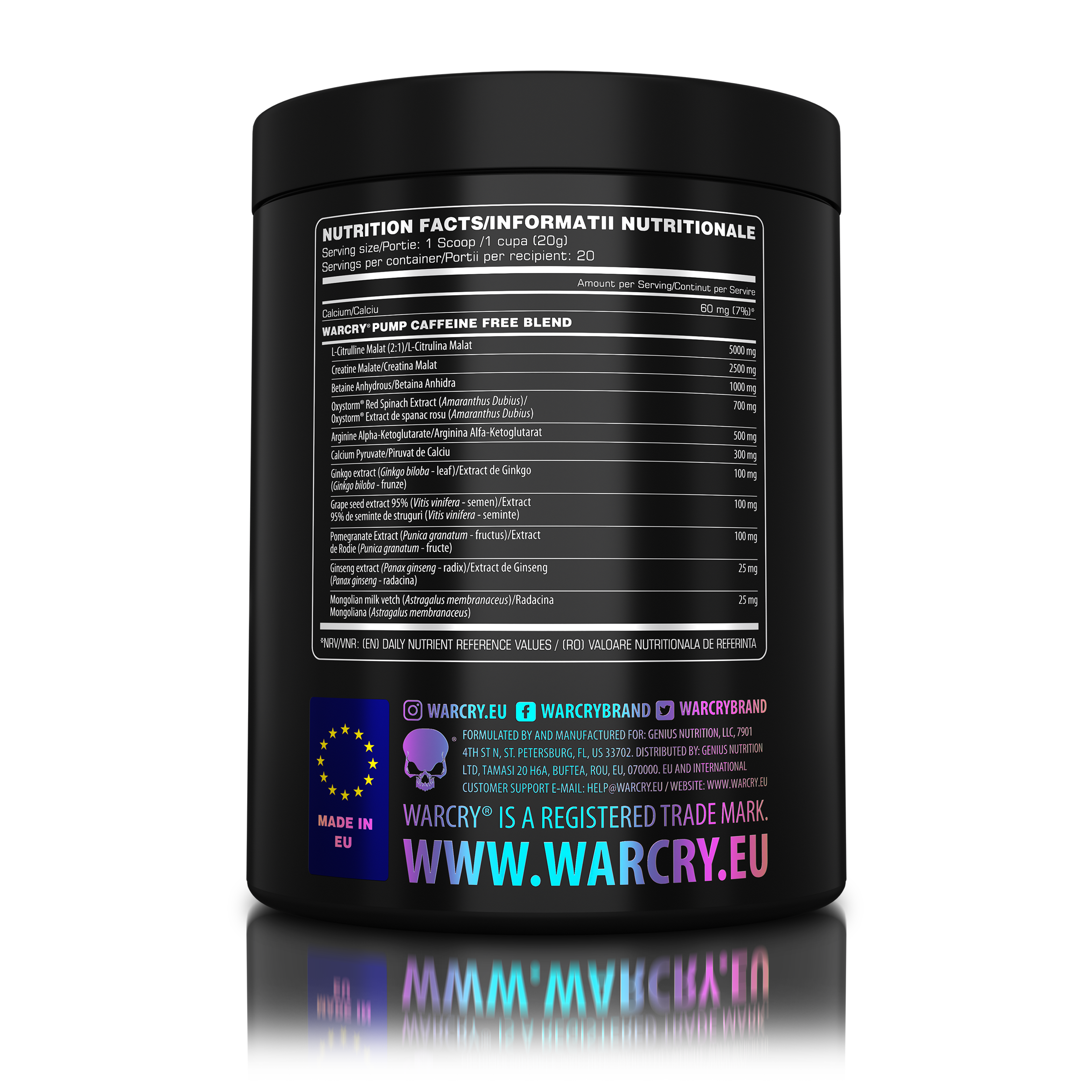 WARCRY PUMP 400g 20serv - Caffeine-free pre-workout supplement for muscle pump and endurance perfect for late workouts