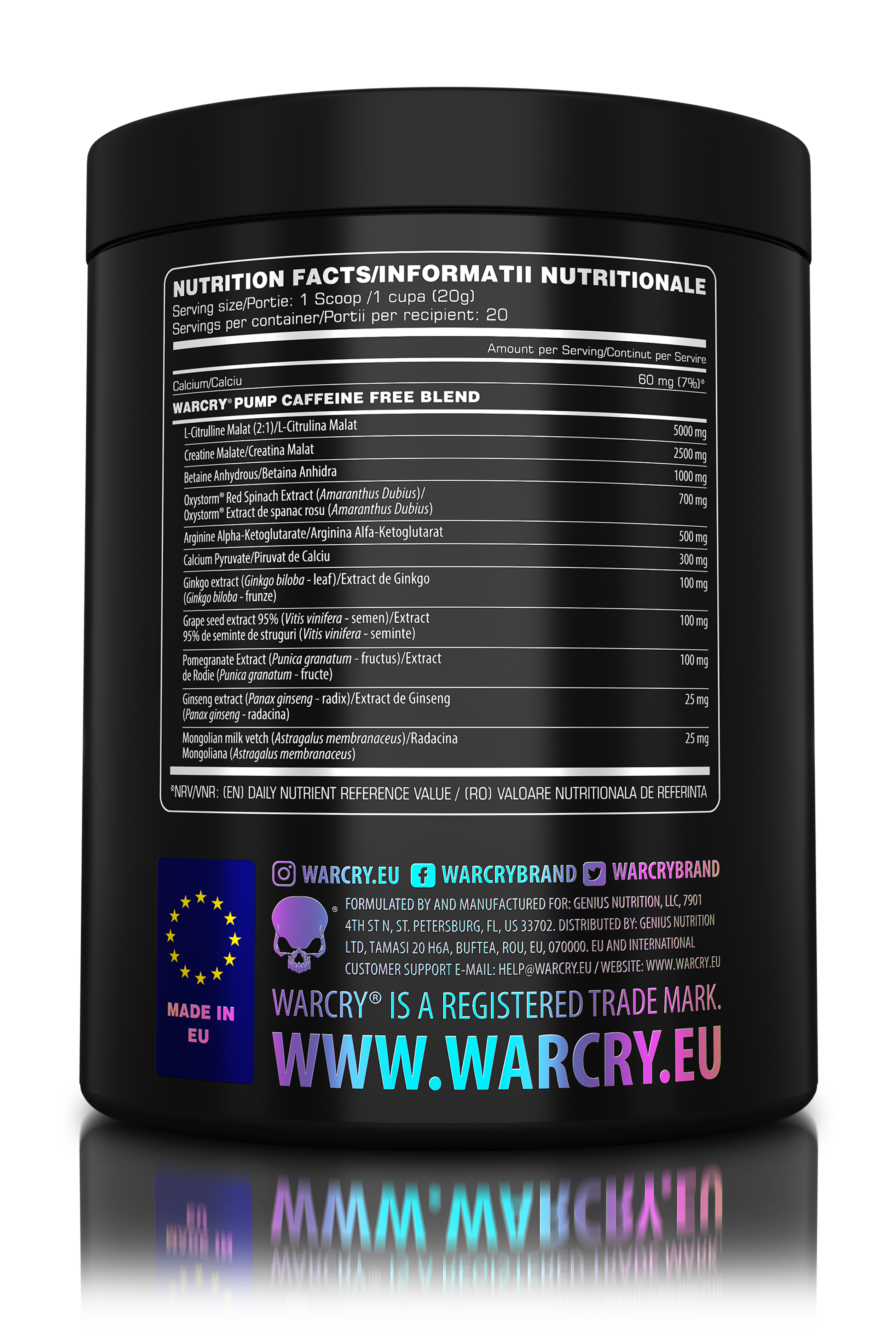 WARCRY PUMP 400g 20serv - Caffeine-free pre-workout supplement for muscle pump and endurance perfect for late workouts