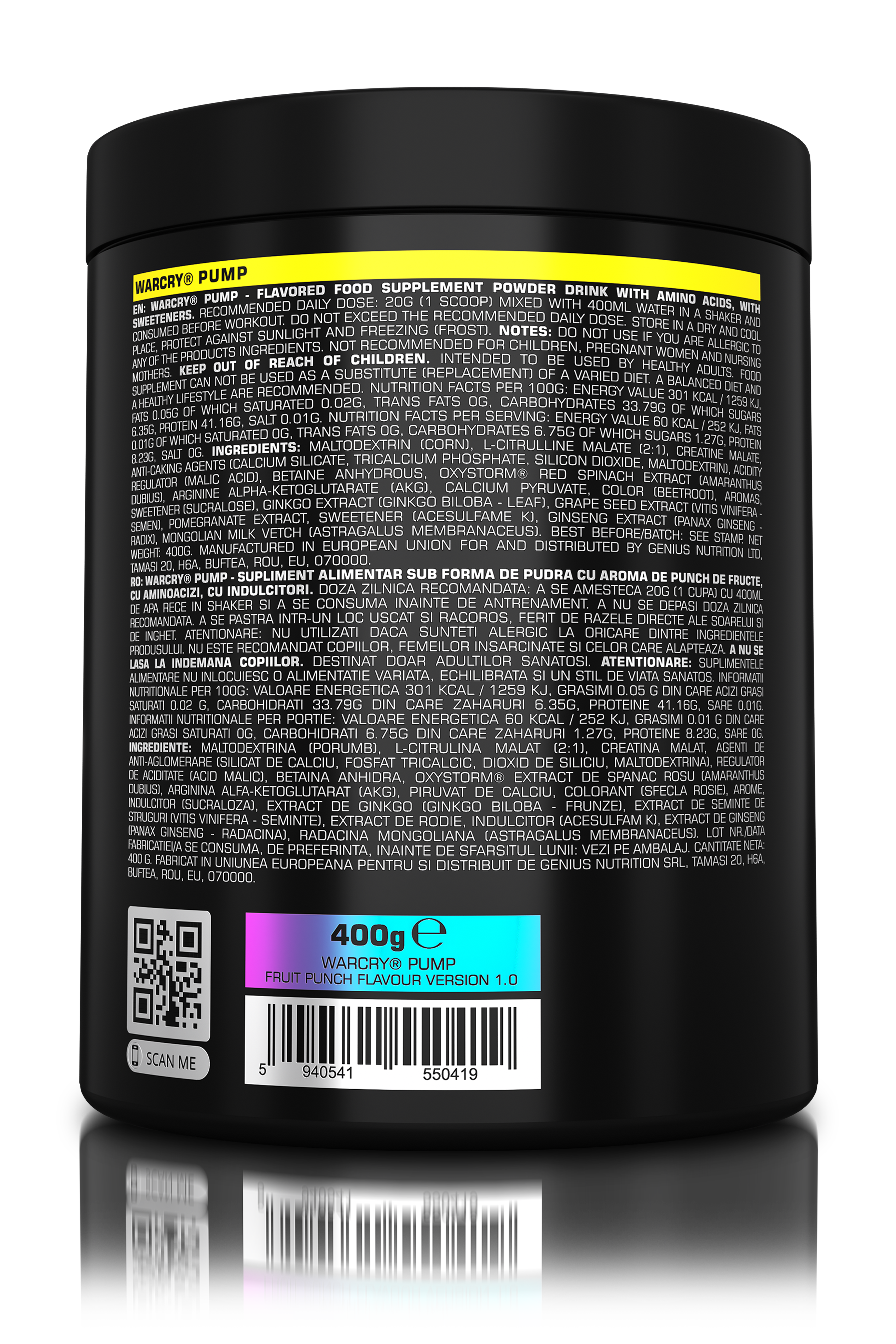 WARCRY PUMP 400g 20serv - Caffeine-free pre-workout supplement for muscle pump and endurance perfect for late workouts with fruit punch flavor