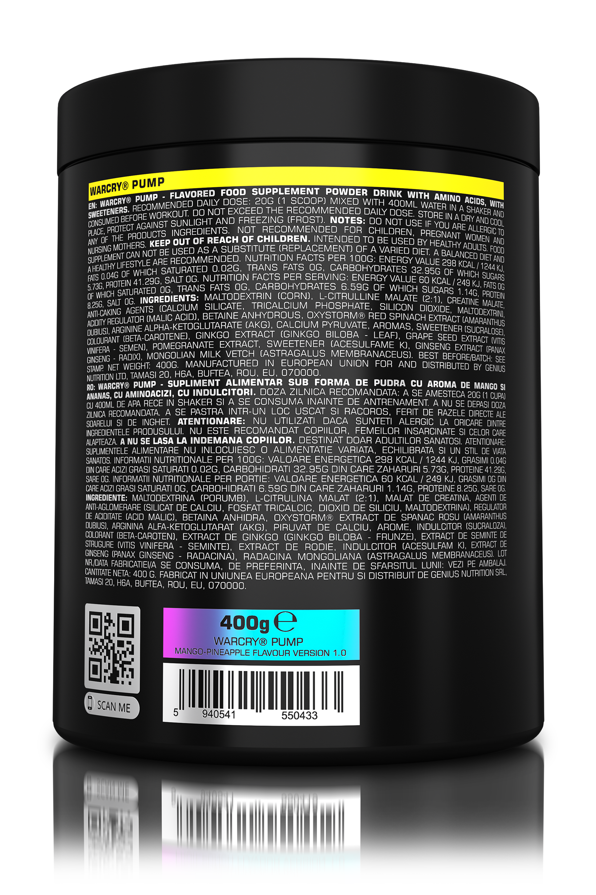 WARCRY PUMP 400g 20serv - Caffeine-free pre-workout supplement for muscle pump and endurance perfect for late workouts with mango pineapple flavor