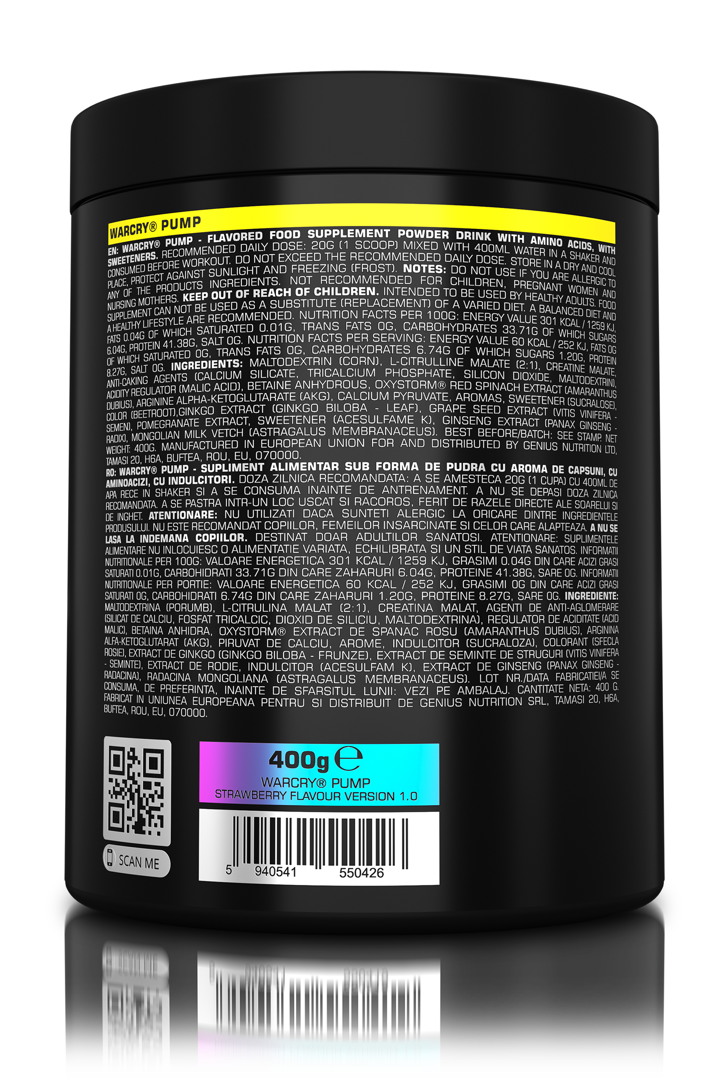 WARCRY PUMP 400g 20serv - Caffeine-free pre-workout supplement for muscle pump and endurance perfect for late workouts with strawberry flavor