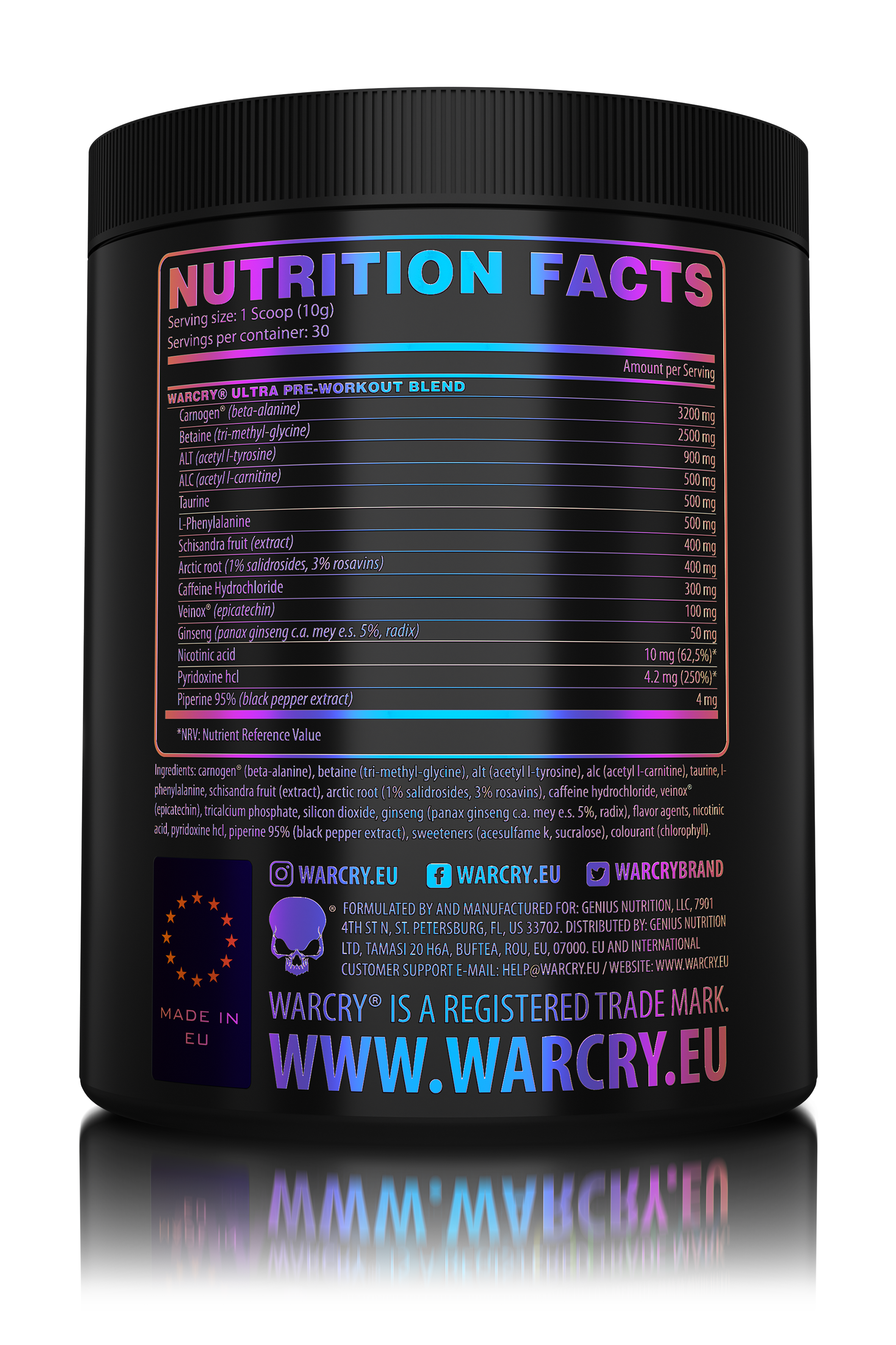 WARCRY ULTRA 300g 30serv -
Pre-workout supplement designed to provide energy, endurance, muscle volumization and mental clarity during workouts with candy fruits flavor