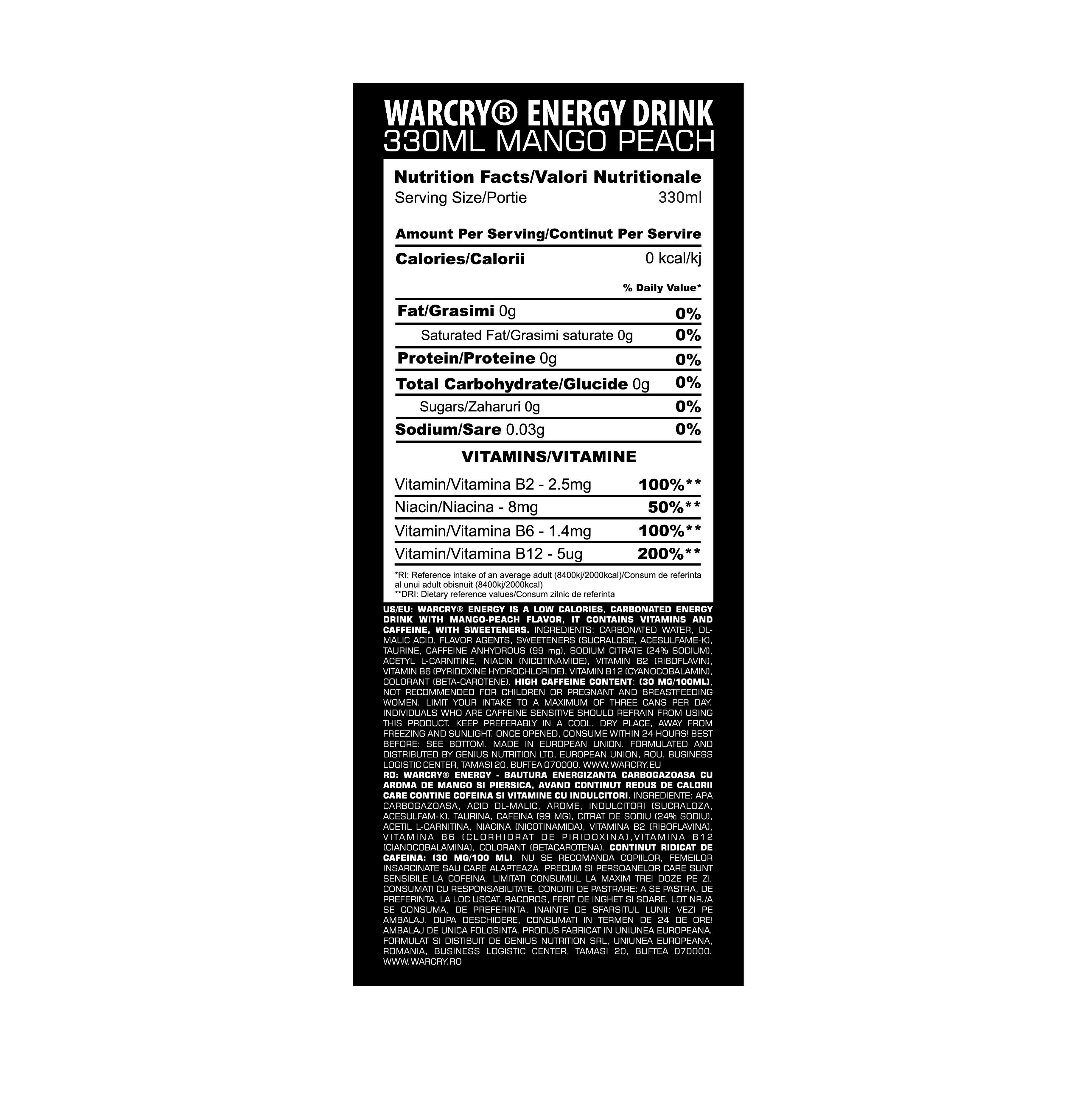 WARCRY ENERGY 330ml 1serv - Ready to drink pre-workout supplement with 0 calories ideal for enhancing energy and focus with mango peach flavor