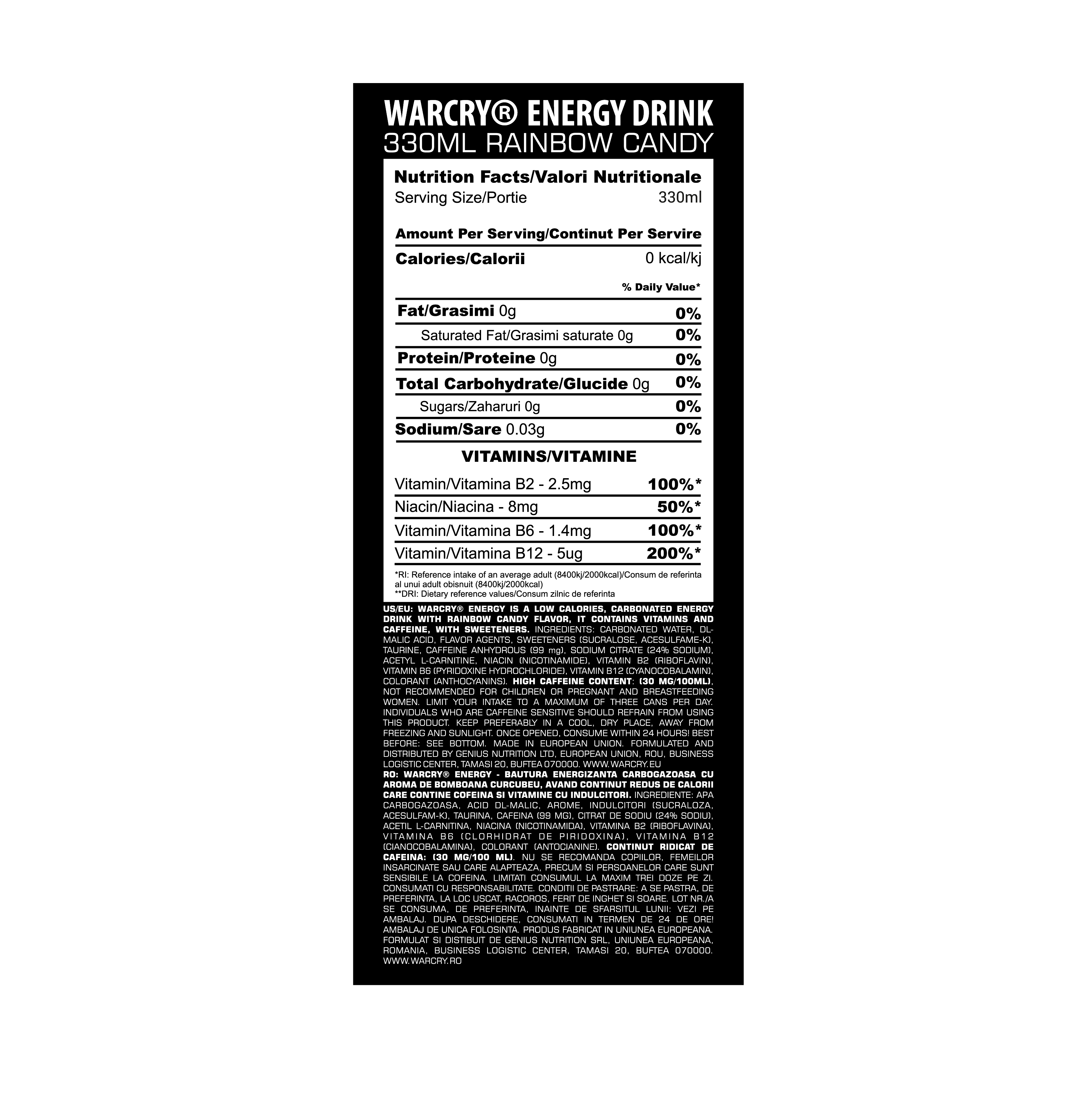 WARCRY ENERGY 330ml 1serv - Ready to drink pre-workout supplement with 0 calories ideal for enhancing energy and focus with rainbow candy flavor