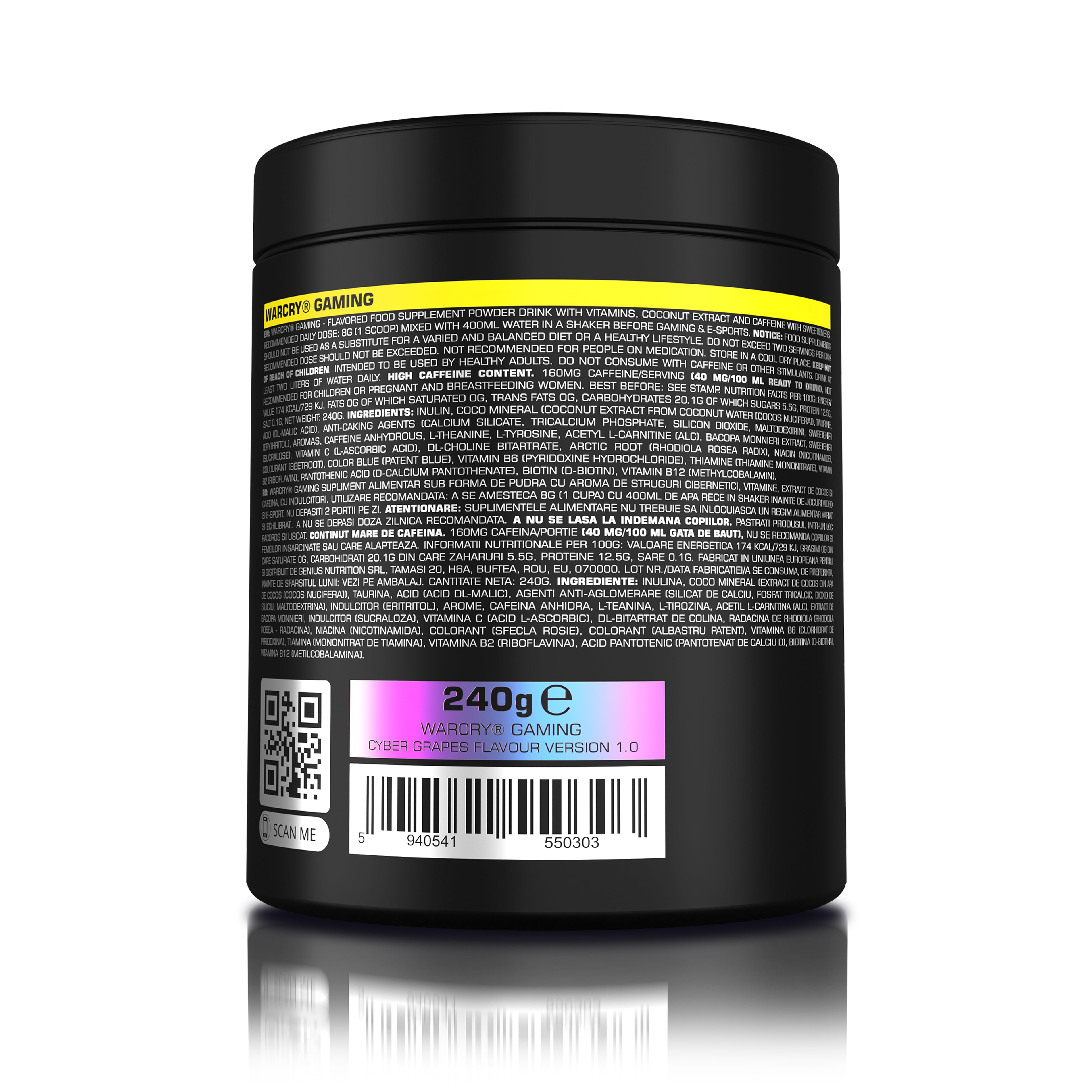 WARCRY GAMING 240g 30serv - Supplement for intense gaming sessions which stimulates cognitive function, provides energy, improves memory, reduces stress, and promotes efficient rehydration with cyber grapes flavor 