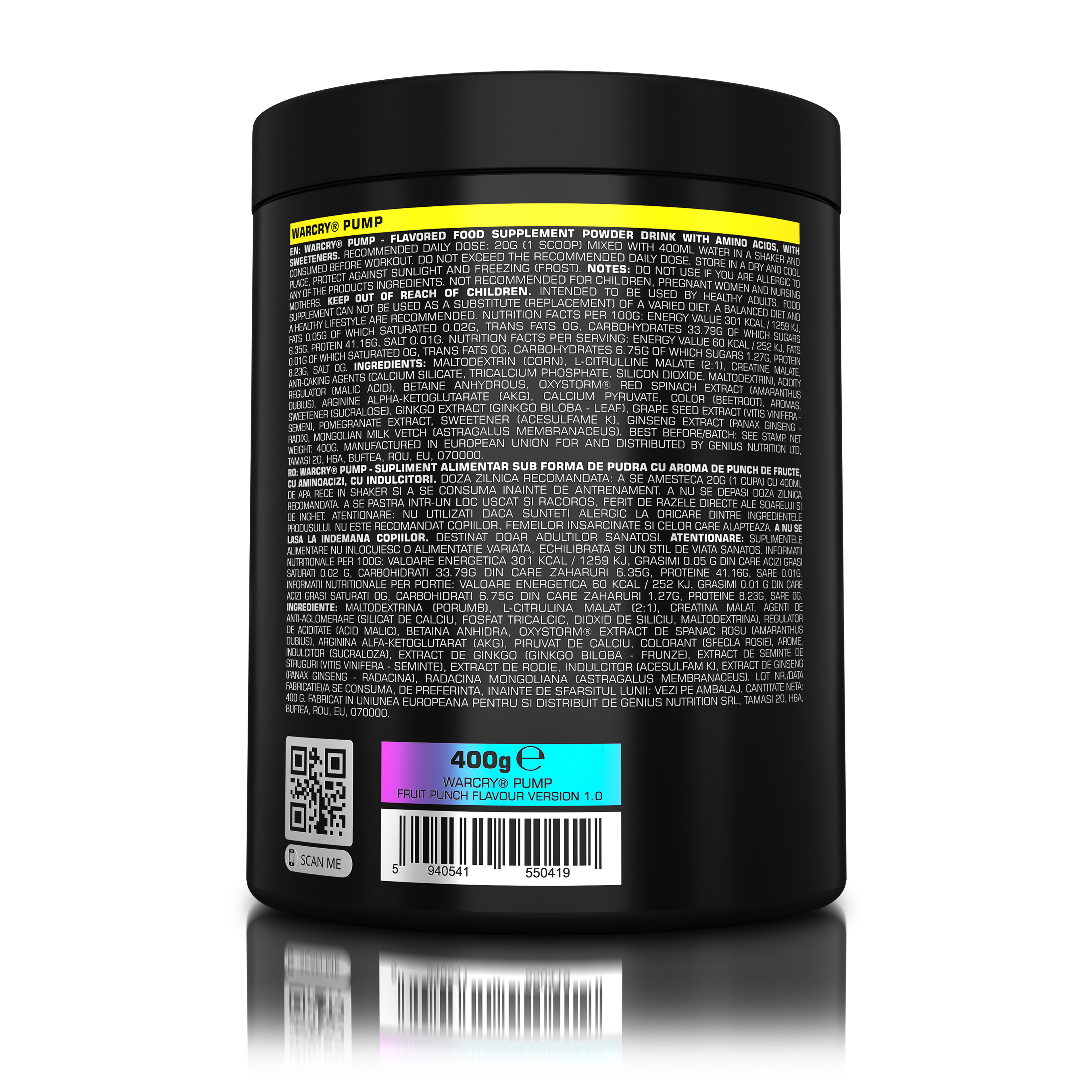 WARCRY PUMP 400g 20serv - Caffeine-free pre-workout supplement for muscle pump and endurance perfect for late workouts with fruit punch flavor