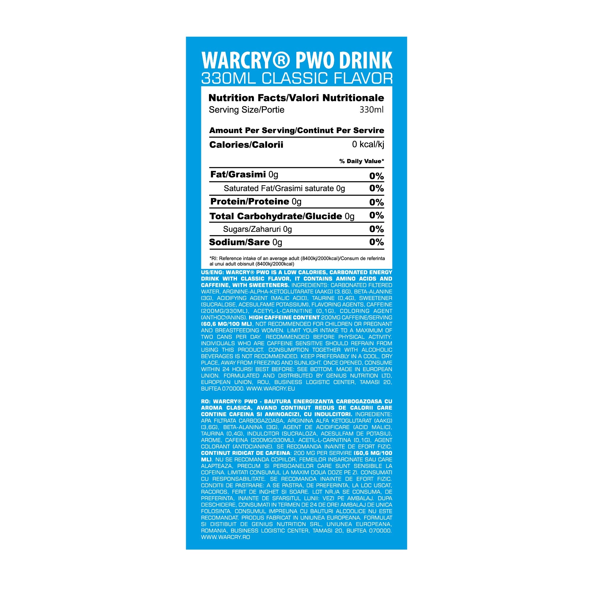 WARCRY PWO 330ml 1serv - 
Ready-to-drink pre-workout supplement with 0 calories, ideal for maximum energy, pumps and endurance with classic energy flavor 