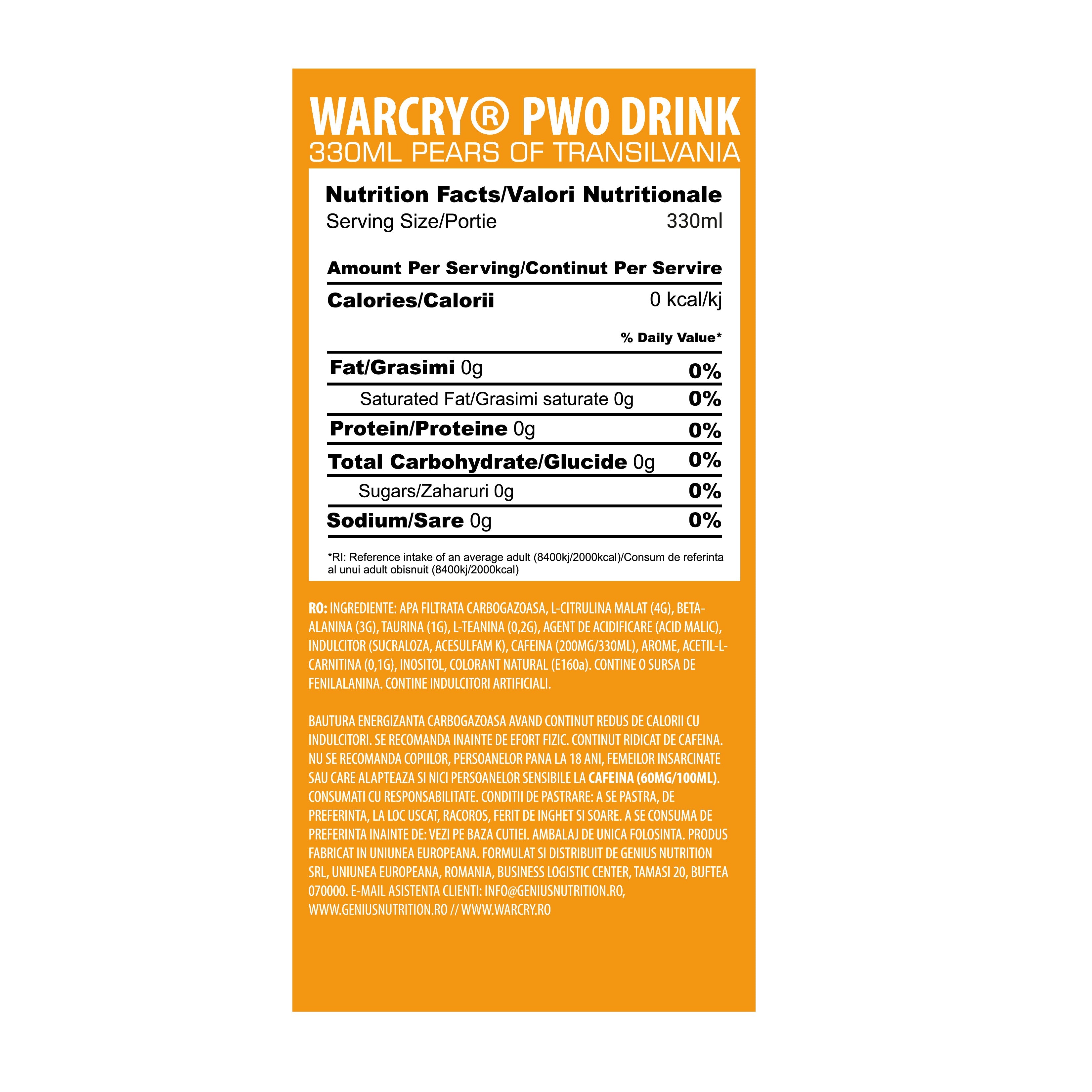 WARCRY PWO 330ml 1serv - 
Ready-to-drink pre-workout supplement with 0 calories, ideal for maximum energy, pumps and endurance with pears of transilvania flavor 