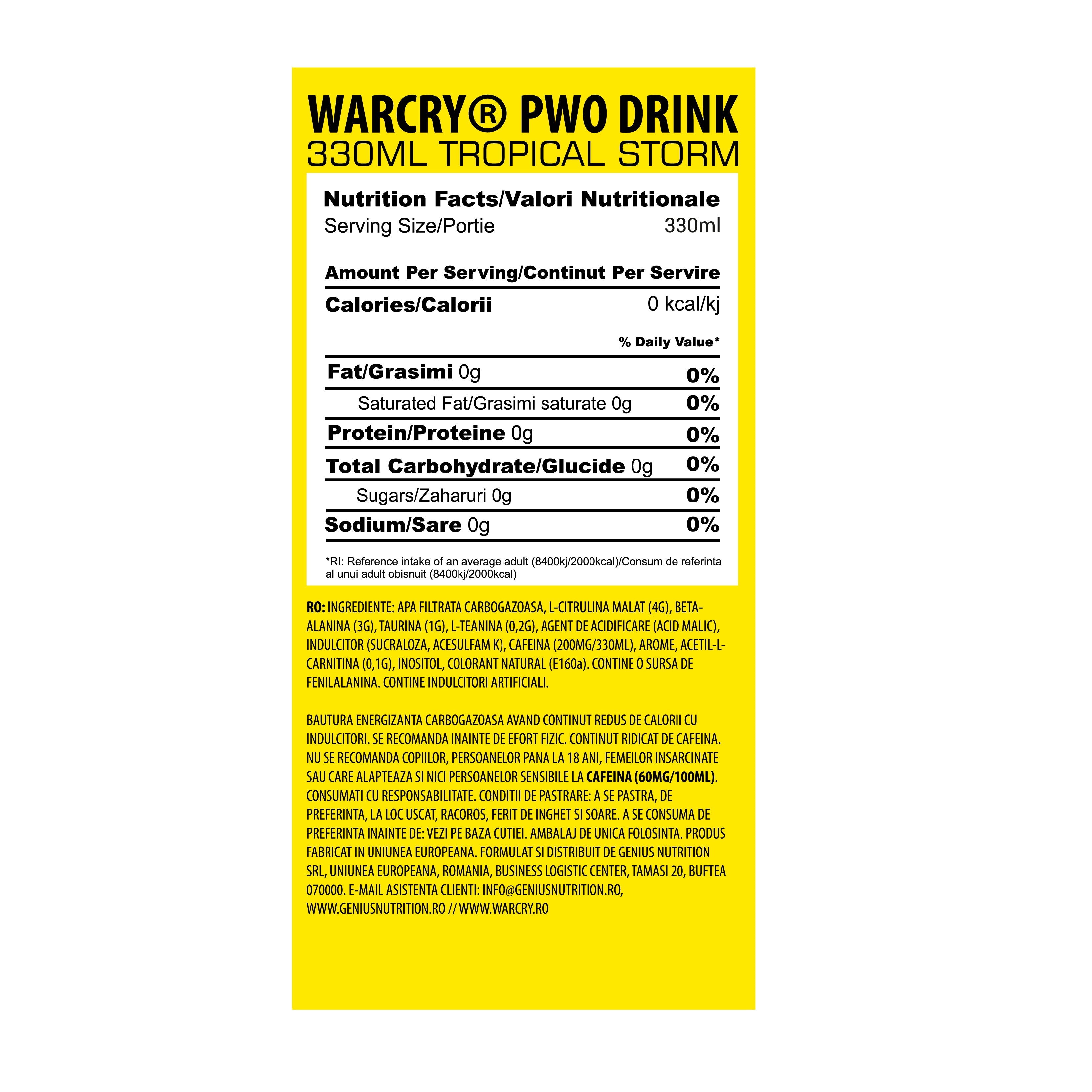 WARCRY PWO 330ml 1serv - 
Ready-to-drink pre-workout supplement with 0 calories, ideal for maximum energy, pumps and endurance with tropical storm flavor 