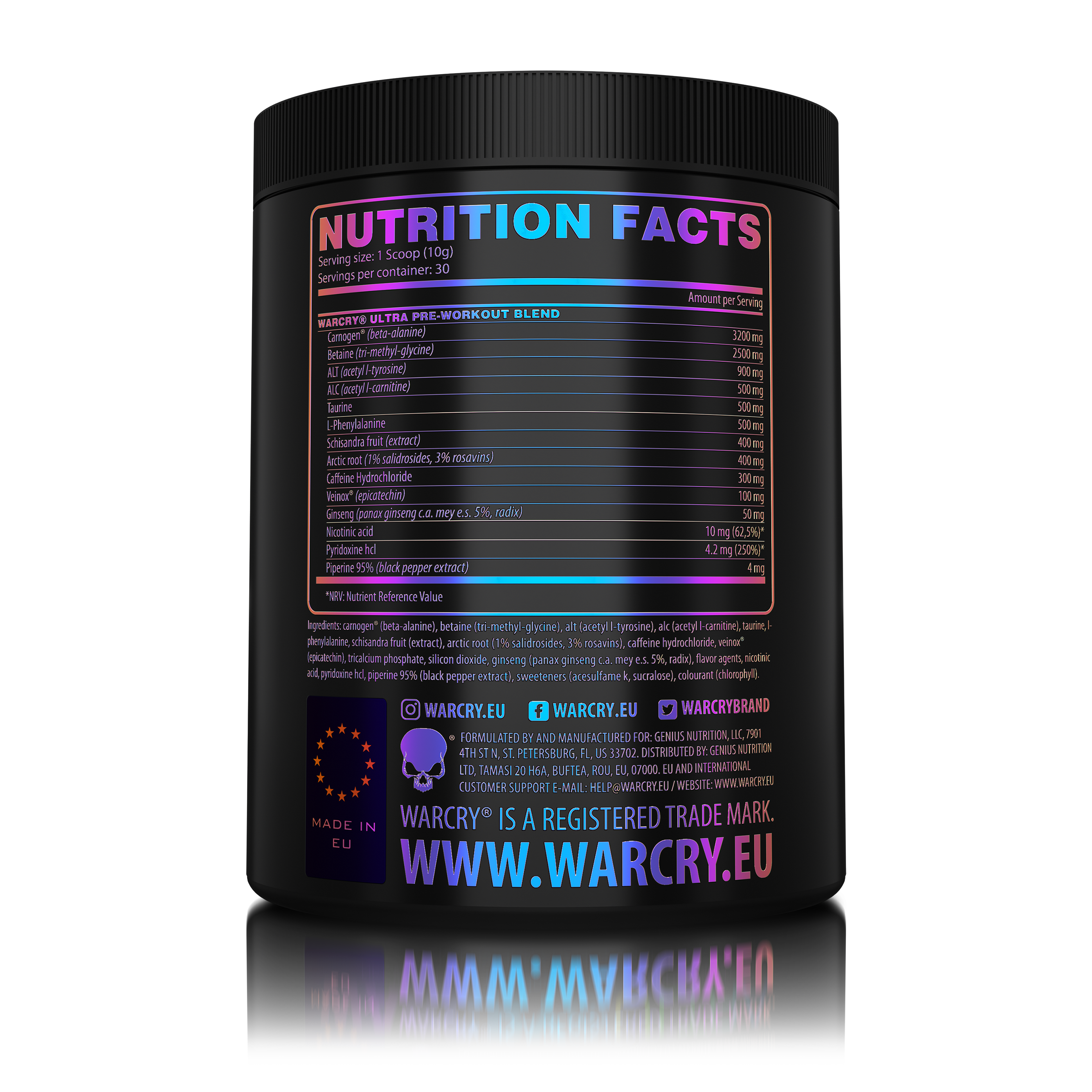 WARCRY ULTRA 300g 30serv -
Pre-workout supplement designed to provide energy, endurance, muscle volumization and mental clarity during workouts with candy fruits flavor