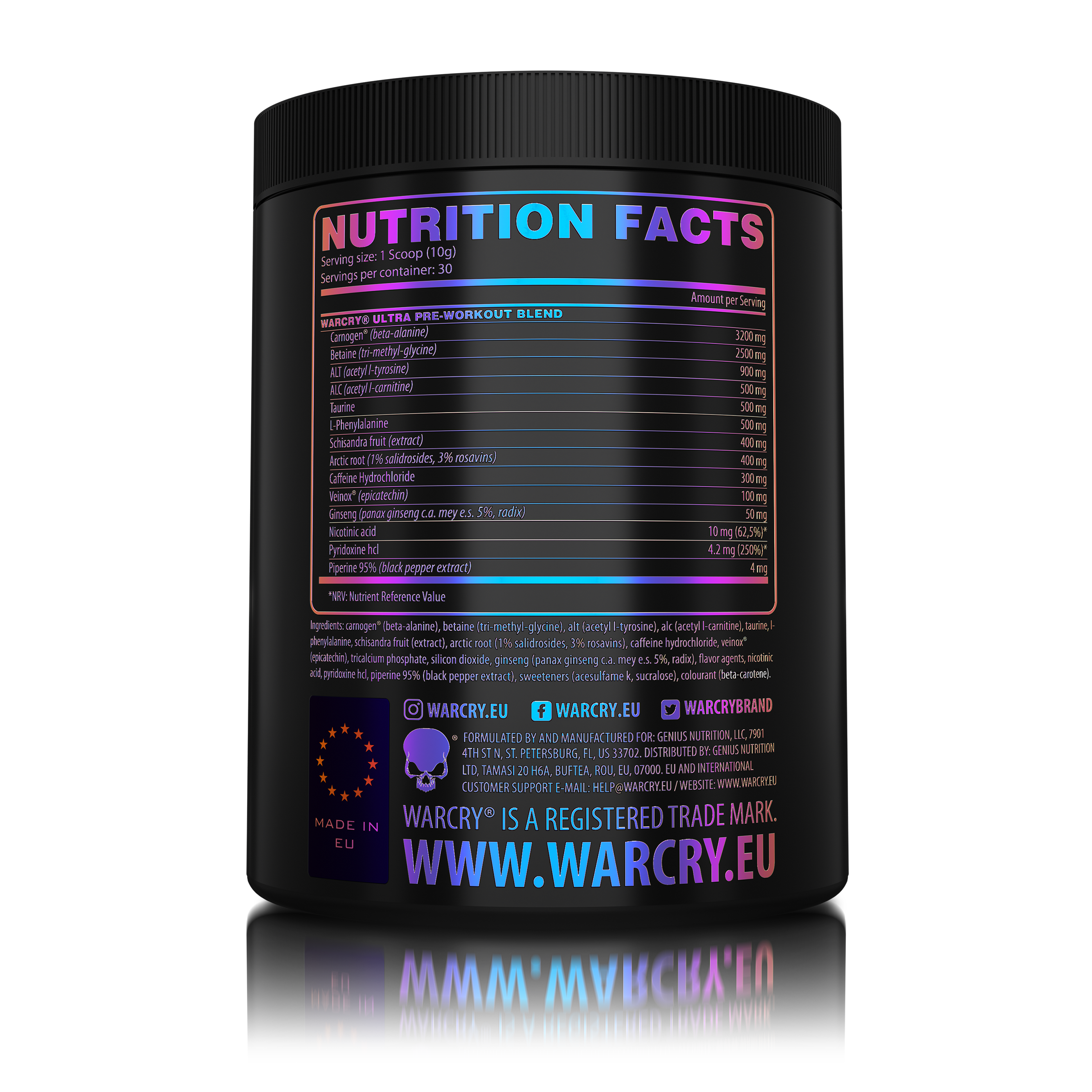 WARCRY ULTRA 300g 30serv -
Pre-workout supplement designed to provide energy, endurance, muscle volumization and mental clarity during workouts with summer pear flavor